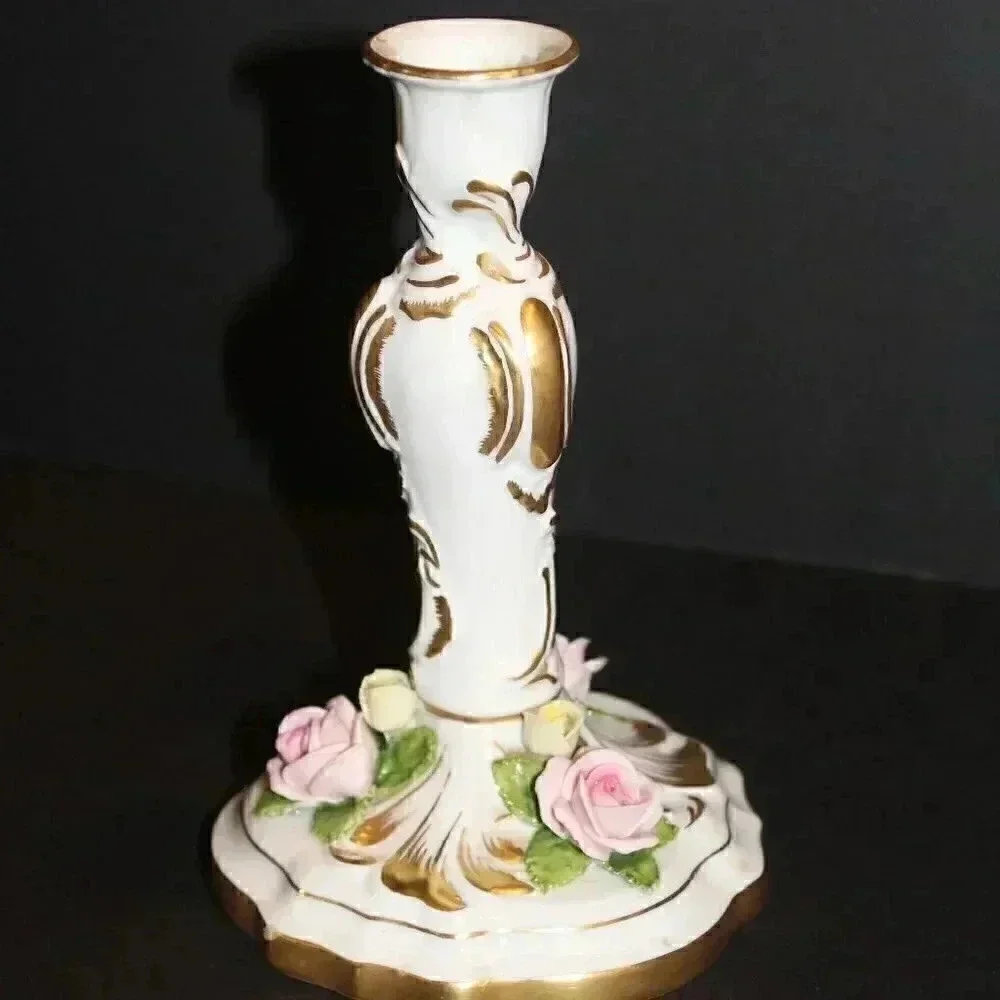 Vtg AK KAISER West Germany Porcelain Candle Holder Gold Yellow & Pink Roses